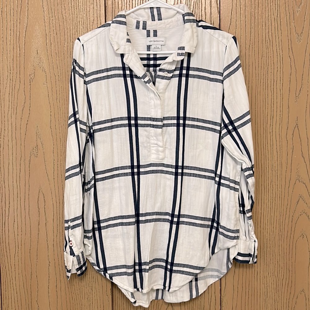 White and blue half button down Tunic